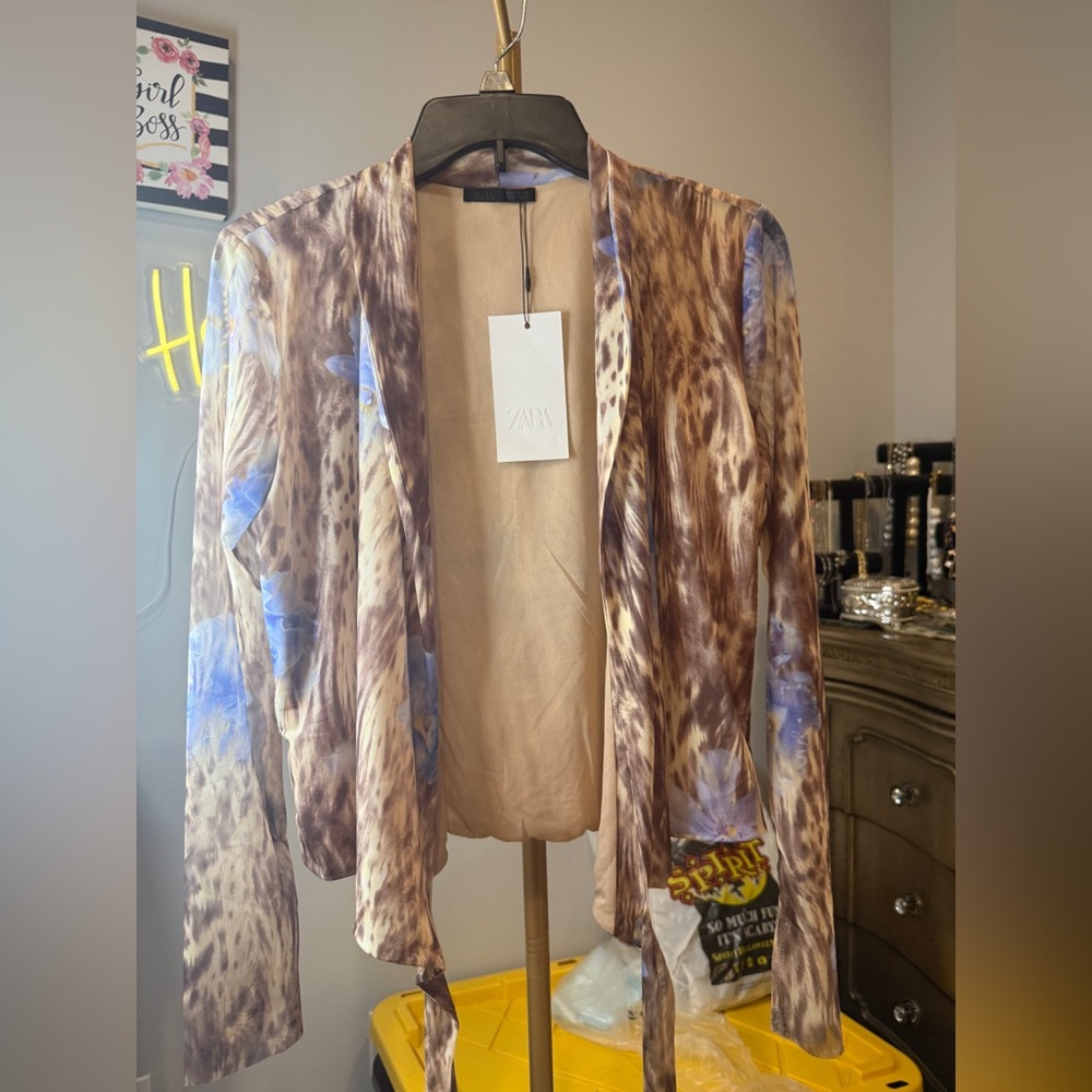 Zara Brown Animal Print Wrap around Blouse with Blue Floral Details - Picture 4 of 16